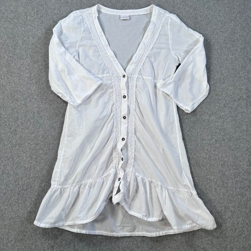 Saha White Button Front Swim Coverup Women's Medium White Crochet Trim Ruffle